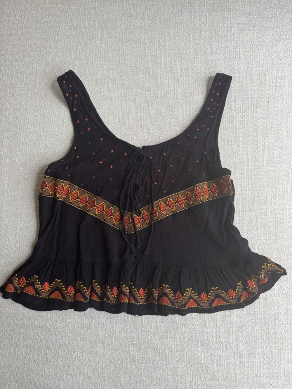 Free People Black Tank Top with Orange and Gold Embroidery